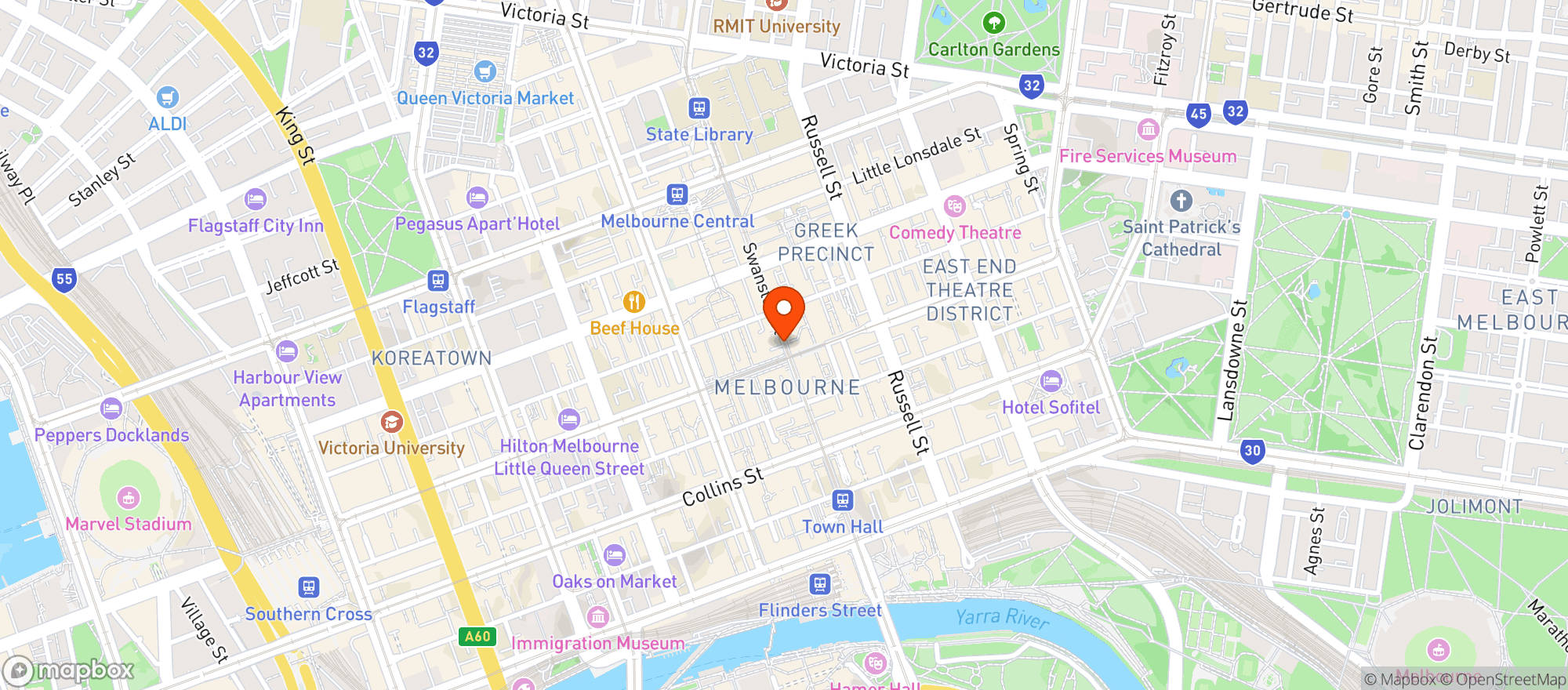 Map showing Pullman Melbourne City Centre