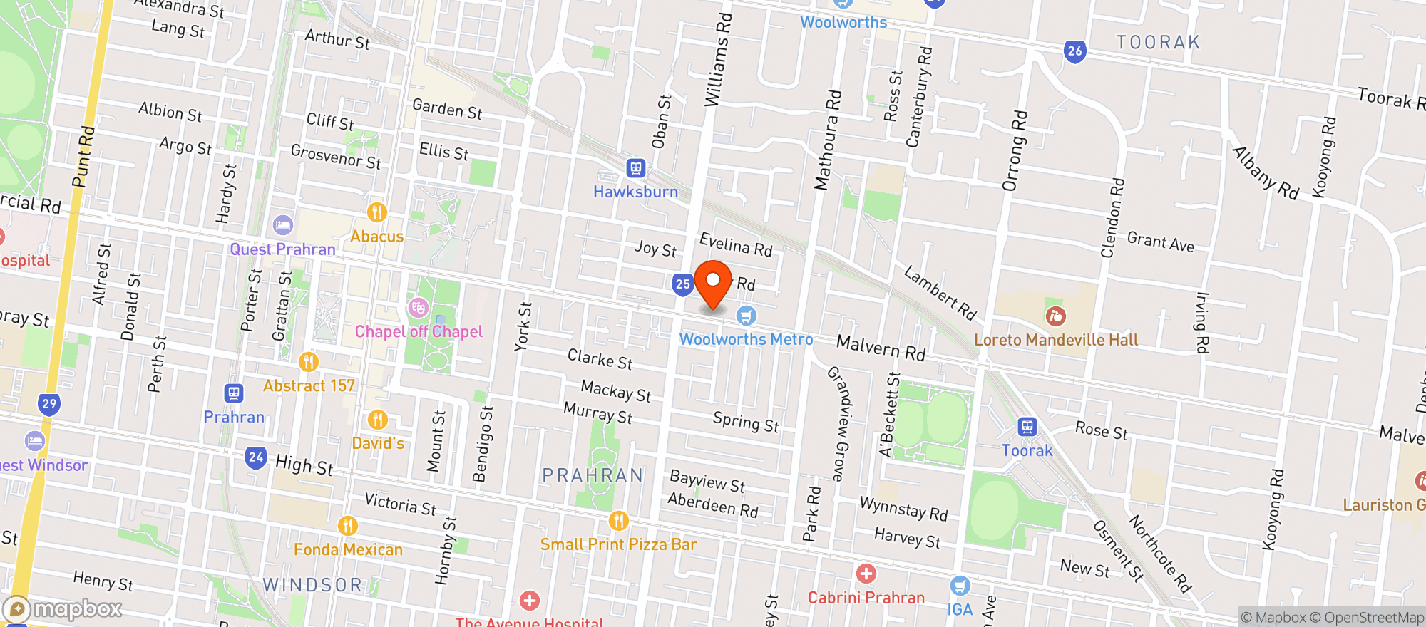 Map showing Woolworths Metro - Hawksburn