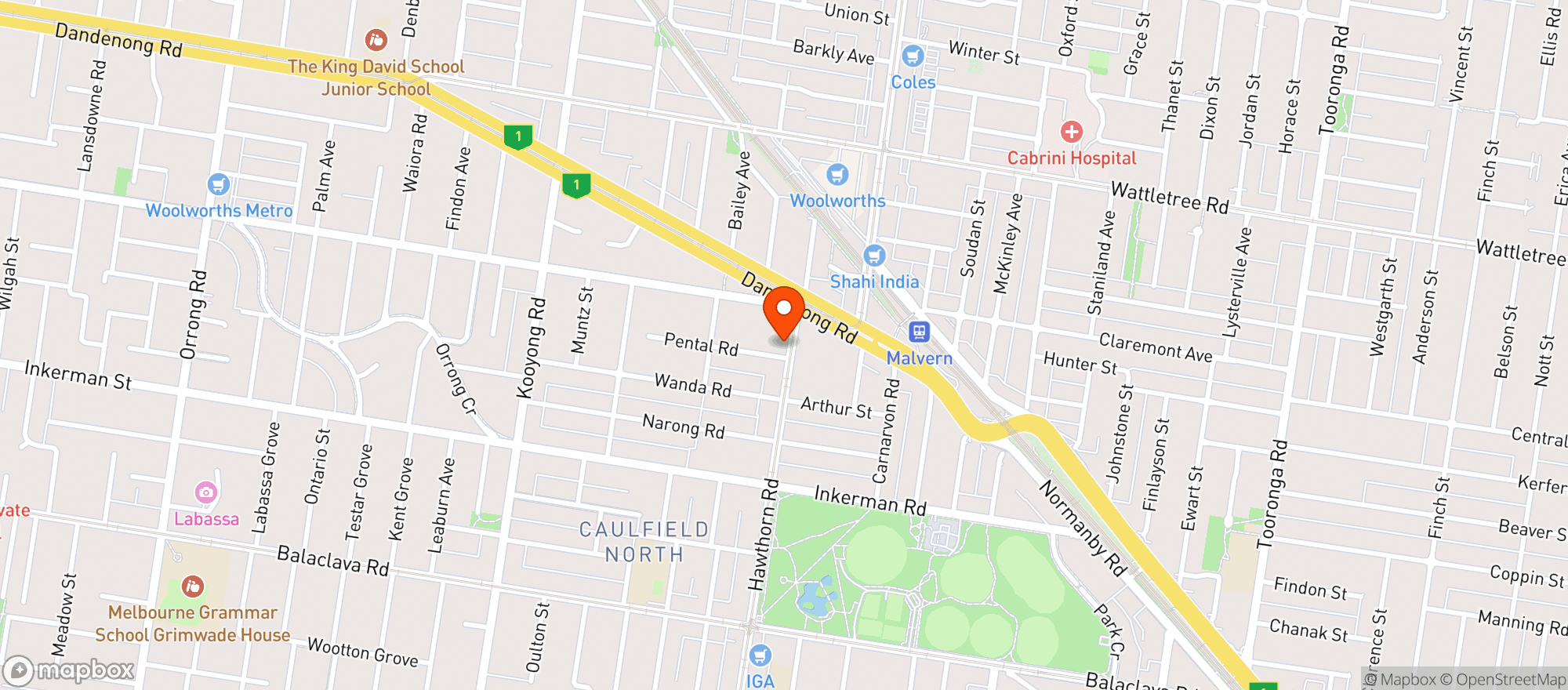 Map showing Woolworths Metro - Caulfield North Metro