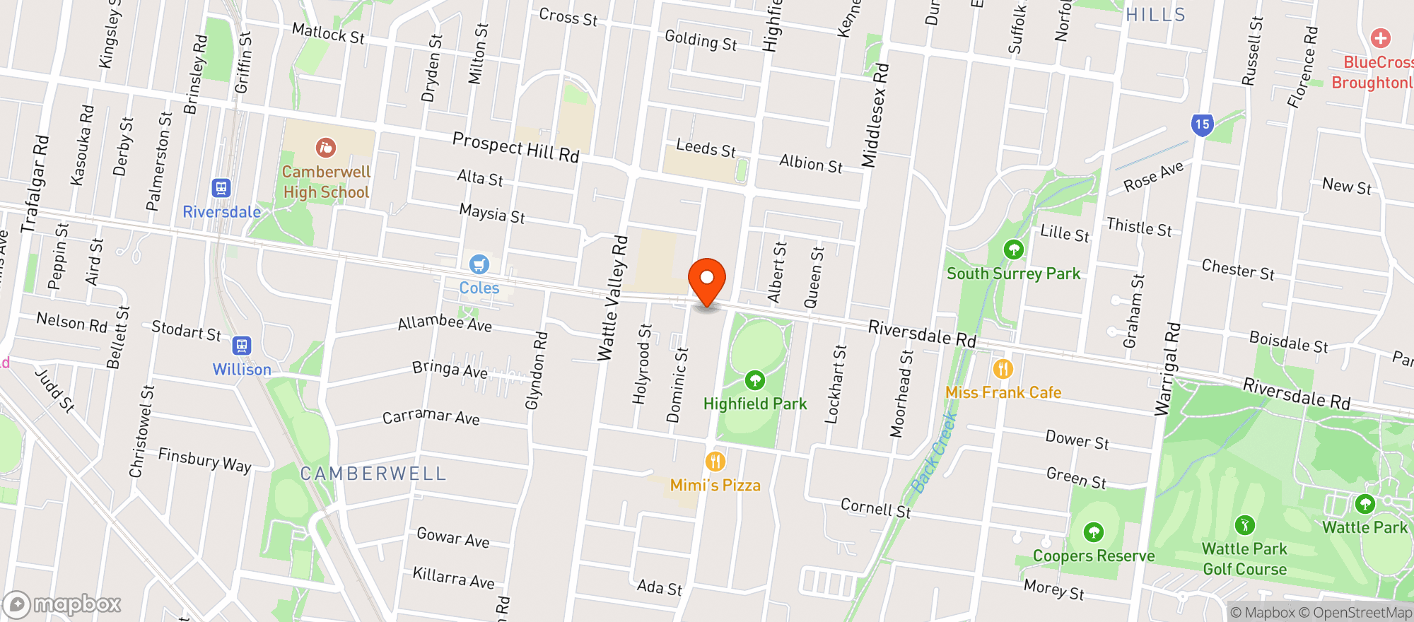 Map showing Woolworths Metro - Middle Camberwell Metro
