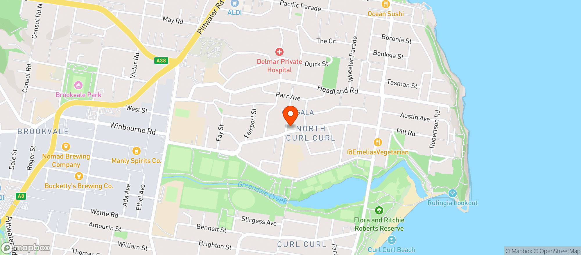 Map showing North Curl Curl Cellars