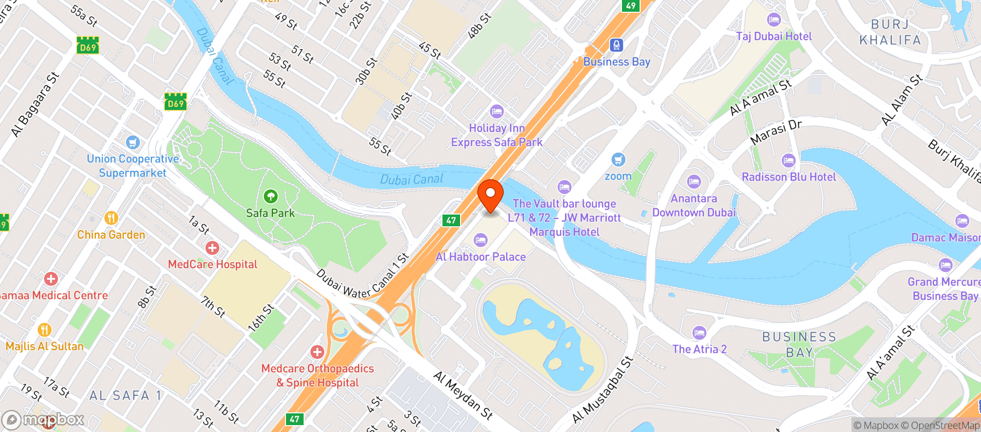Map showing V Hotel Dubai, Curio Collection By Hilton (فندق V دبي، أحد فنادق كوريو كولكشن باي هيلتون)