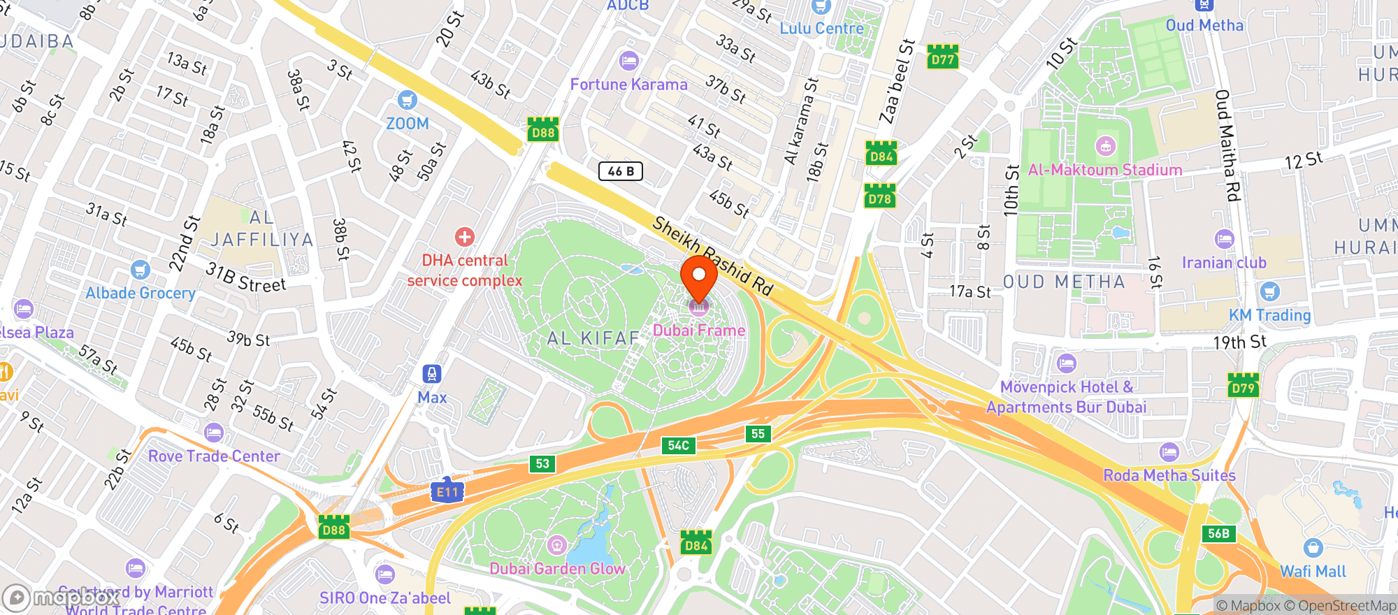 Map showing Dubai Frame (برواز دبي)